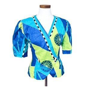 Rickie Freeman for Teri Jon Womens Blouse Size 8 Multicolored Linen Geometric Ja